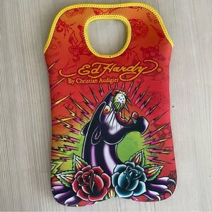 Ed Hardy Neoprene Wine Bottle Carrier Holder Panther Tattoo Y2K Like New